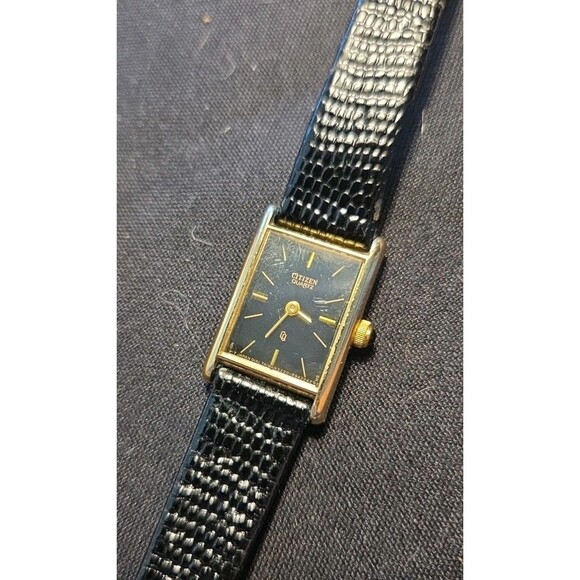 Citizens Quartz ladies rectangle black face goldtone black Leather 13mm Watch - Picture 10 of 11